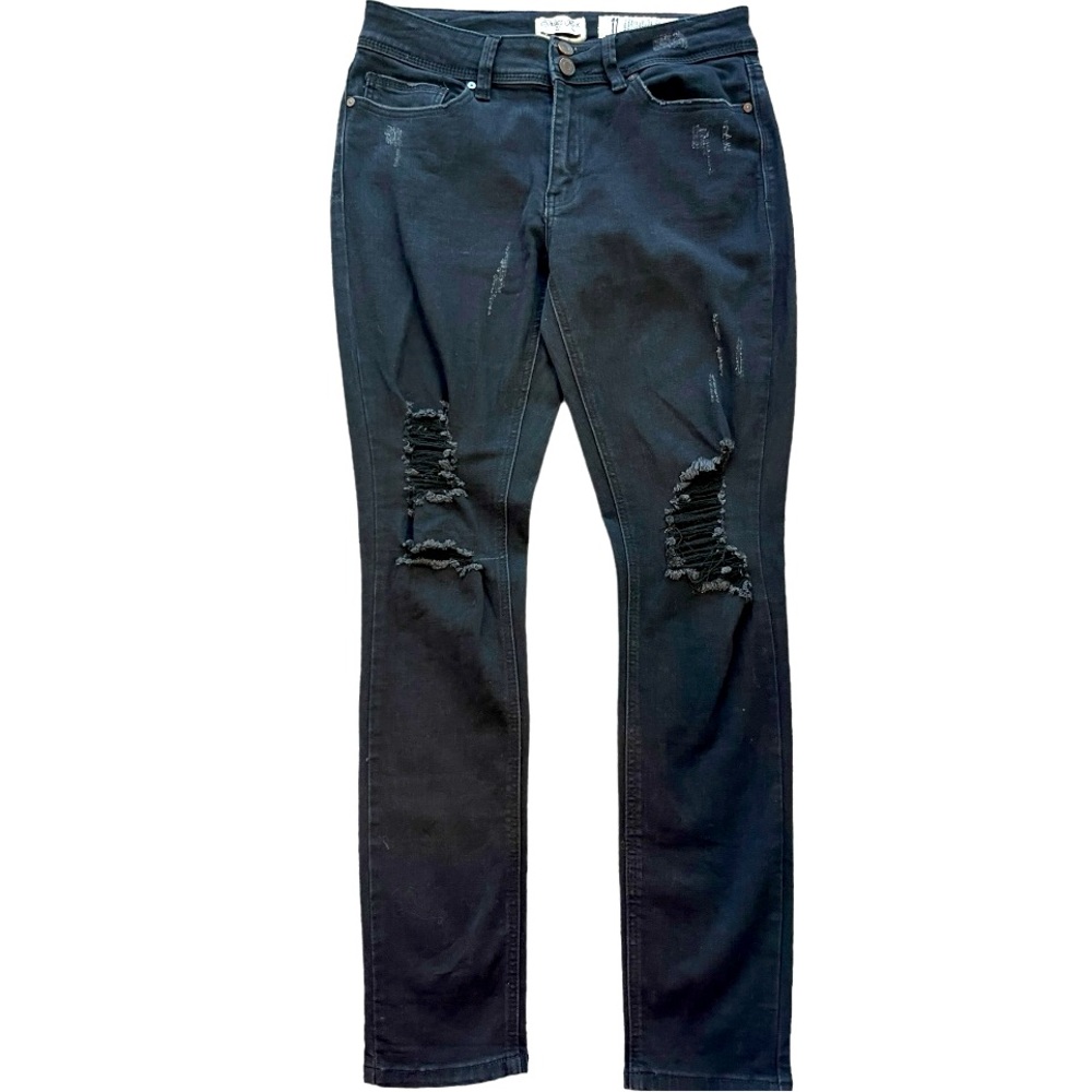 Indigo Rein Black Charcoal Distressed Frayed Stretch Straight Leg Jeans Size 11 - Picture 5 of 6
